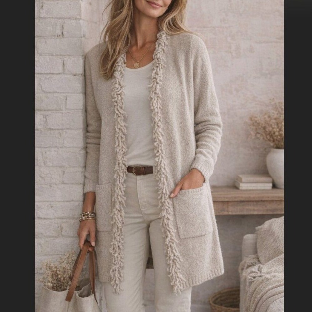 J.Jill Womens 3X Oatmeal Beige Boucle Fringe Open‎ Front Cardigan SSW304721